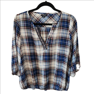 RHAPSODY PLAID BLOUSE WITH EMBROIDERY - SIZE LARGE - EUC
